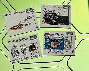 4 Paper drawings cartoon turtle sewer lair Diorama Display Prop channel 6 news van, steering/ dashboard, Pizza & turtle