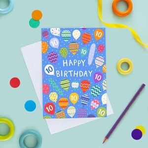 10. Geburtstag Luftballons Karte, Geburtstagskarte für 10-jährige, zehnte Geburtstagskarte, 10 Jahre alte Karte, lustige Geburtstagskarte, neutrale Karte
