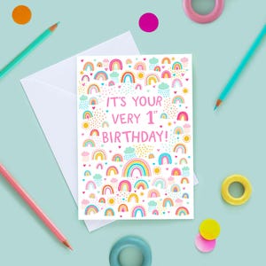 Carte de premier anniversaire pour fille, carte de premier anniversaire de filles, joyeux premier anniversaire, carte de 1er anniversaire arc-en-ciel, carte arc-en-ciel rose pastel