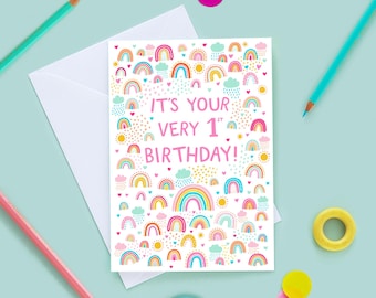 Girls First Birthday Card, Pastel Rainbow Design