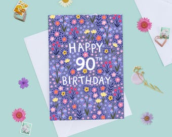 Carte 90e anniversaire pour elle, joyeux 90e anniversaire, carte 90e anniversaire femme, carte florale 90e anniversaire, 90 ans aujourd'hui, pour maman, pour grand-mère