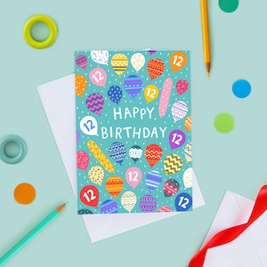 Luftballons Geburtstagskarte, Geburtstagskarte für 12-jährige, zwölfte Geburtstagskarte, zwölf Jahre alte Karte, lustige Geburtstagskarte, neutrale Karte