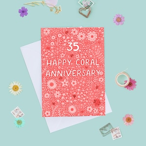 結婚35周年おめでとうカード、結婚35周年カード、コーラル結婚記念日、結婚35周年、花柄