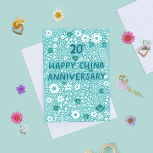 Happy 20th Wedding Anniversary Card, Twentieth Wedding Anniversary Card, China Wedding Anniversary, 20th Wedding Anniversary, Floral