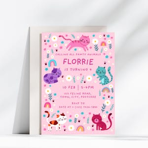 May include: Pink birthday party invitation with a floral design and colorful cats. The text reads "Calling all pawty animals, Florrie is turning 4, 10 Feb 2-4pm, 123 Feline Road, Town, City, Postcode, RSVP to Kate at + (123) 7456-7890".
