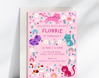 May include: Pink birthday party invitation with a floral design and colourful cats. The text reads "Calling all pawty animals, Florrie is turning 4, 10 Feb 2-4pm, 123 Feline Road, Town, City, Postcode, RSVP to Kate at + (123) 7456-7890".