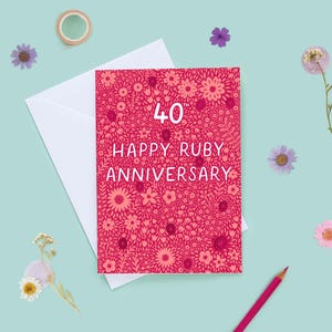 結婚40周年おめでとうカード、結婚40周年カード、ルビー結婚記念日、結婚40周年、花柄