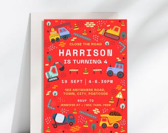 Modèle d'invitation à une fête d'anniversaire de construction, camions, excavatrice (téléchargement numérique)