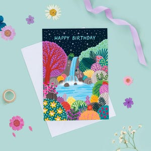 Wasserfall Geburtstagskarte, Geburtstagskarte für Frauen, Wild Schwimmen Geburtstagskarte, Geburtstagskarte für Sie, Skurrile Kunstkarte, Malerische Szene