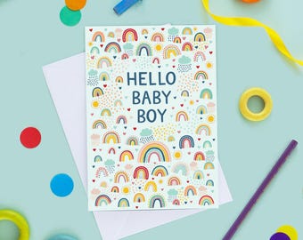 Carte de bébé garçon, carte de bébé garçon, carte de nouveau-né, carte de bébé bleue, nouveau-né, carte de bienvenue de bébé, carte de nouveau-né, bébé garçon, arcs-en-ciel bleus