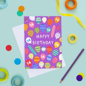 14. Geburtstag Luftballons Karte, Geburtstagskarte für 14-jährige, Vierzehnte Geburtstagskarte, Vierzehn Jahre alte Karte, Spaß Geburtstagskarte, Neutral