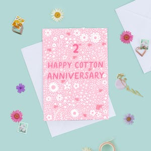 Joyeux 2e anniversaire de mariage, deuxième carte d'anniversaire de mariage, anniversaire de mariage en coton, 2e anniversaire de mariage, anniversaire floral