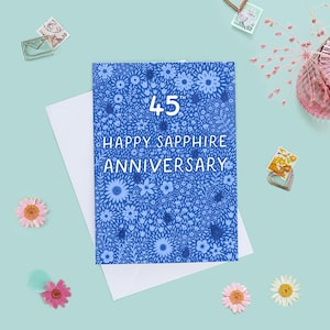 結婚45周年おめでとうカード、結婚45周年カード、サファイア結婚記念日、結婚45周年、花柄