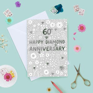 Joyeux 60e anniversaire de mariage, carte des soixantièmes de mariage, anniversaire de mariage diamant, 60e anniversaire de mariage, floral