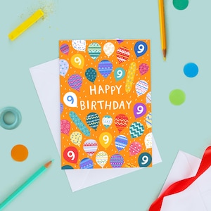 Carte de 9 ans ballons, carte d'anniversaire pour un enfant de 9 ans, neuvième anniversaire, carte de neuf ans, carte d'anniversaire amusante, carte neutre