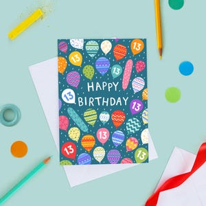 Luftballons Geburtstagskarte, Geburtstagskarte für 13-jährige, Dreizehnte Geburtstagskarte, Dreizehn Jahre alte Karte, Spaß Geburtstagskarte, Neutral