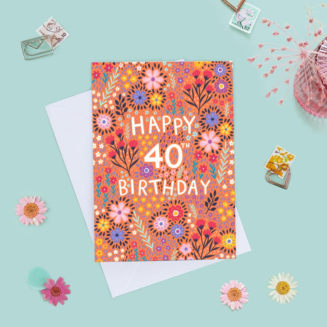 Floral 40th Birthday Card: Handmade Illustrated Design - Etsy
