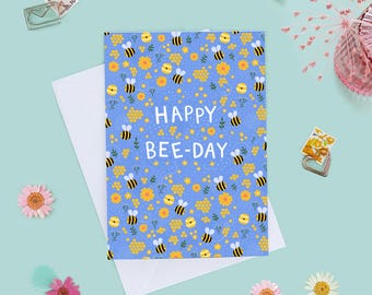 Floral Bee Birthday Card, Handmade Illustrated Design