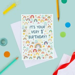 Carte de premier anniversaire pour garçon, carte de premier anniversaire de garçons, carte de joyeux premier anniversaire, carte de 1er anniversaire arc-en-ciel, carte arc-en-ciel bleu