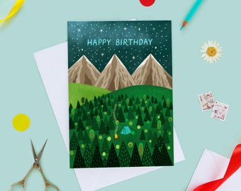 Camping Birthday Card, Mountains and Stars, Adventure Theme