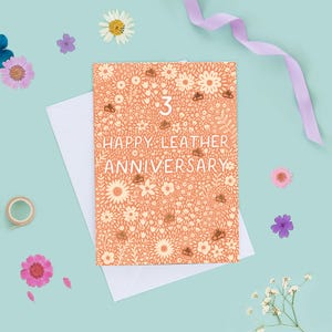 結婚3周年おめでとうカード、結婚3周年カード、革の結婚記念日、結婚3周年、花の結婚記念日
