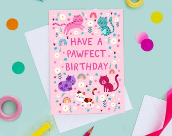 Cat Birthday Card, Colourful Cats for Kids, Personalisable Age 1-7