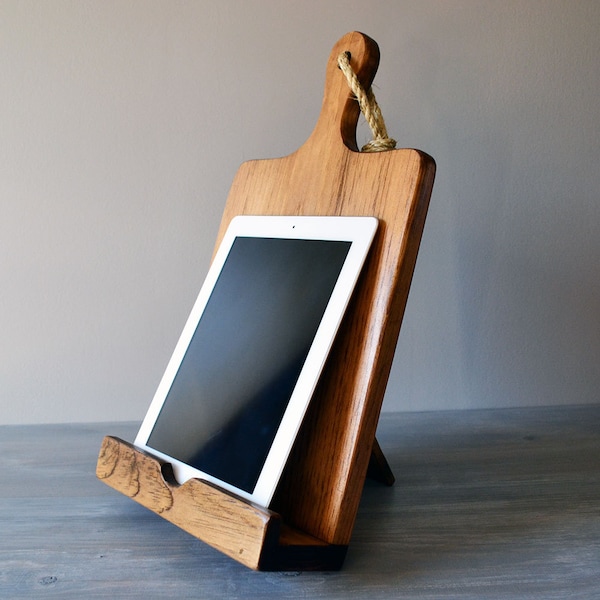 iPad And Cookbook Stand Combo, Rustic Wood, Cutting Board Style