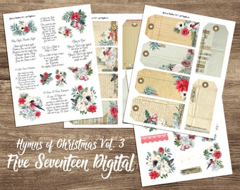 May include: Digital printable Christmas hymn cards with floral and bird illustrations. The cards feature hymns such as "O Holy Night" and "O Come, O Come Emmanuel".