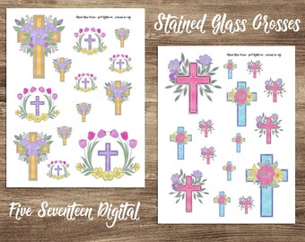 Stained Glass Crosses Bible Journaling Printable Kit - Cross Stickers - Easter Journaling - Spring Planner Stickers