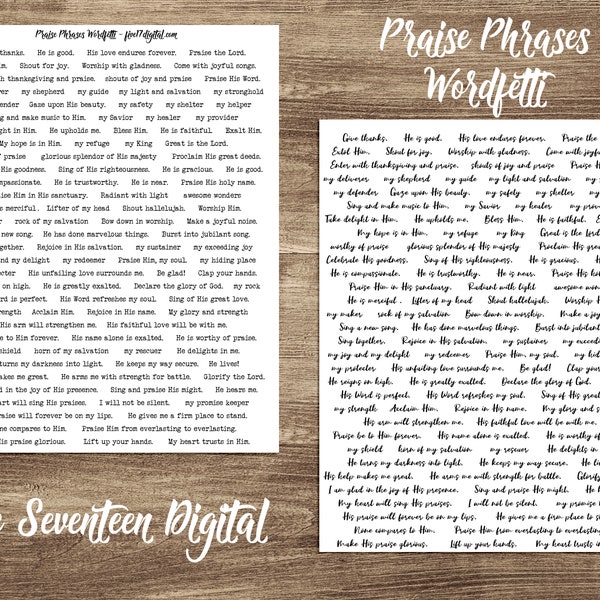 Praise Phrases Bible Journaling Wordfetti Printable Kit - Psalms Scripture Journal - Christian Junk Journal - Typewriter and Script Fonts