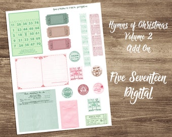 Hymns of Christmas Vol. 2 Bible Journaling Printable Add-On - Vintage Junk Journal Ephemera - Tickets, Milk Caps, Postcard, Bingo Card