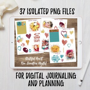 May include: A digital tablet screen displaying 37 isolated PNG files of fall-themed digital stickers for journaling and planning. The stickers feature hearts, leaves, and text such as "So Grateful" and "Give Thanks to the Lord".