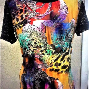 Artsy Satin Top: Bright Colors, Black Lace Sleeves - Medium