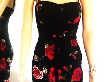 Sexy Black Body Con Midi  Dress with Red Roses by Material Girl  Size 6-8
