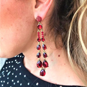 Dangle Earrings, Red Drop Earrings,, 4 Inch Earrings, Ruby Red Earrings, Super Long Earrings, Gift for Her image 1