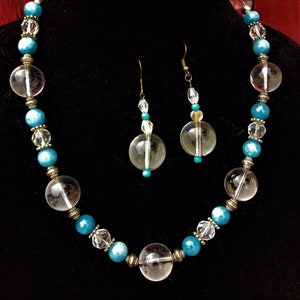 Beaded Necklace and Earrings Set: Clear & Blue Beads, 20-inch Necklace