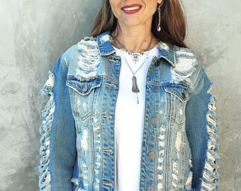 Artistic Ripped Denim Jacket, Medium, Super Cool and Unique