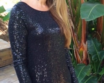 Black Sequin Evening Dress: Long Sleeve Party Dress, Size Medium