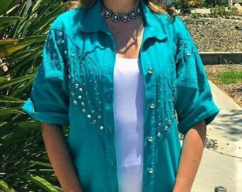 80s Studded Green Summer Cotton Shirt, Women's Medium