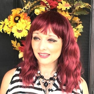 Flaming Red Wig, Long Wavy Red Wig, Wavy Wig with Bangs, Scarlet Red Wig, Fun Red Wig, Adjustable Cap