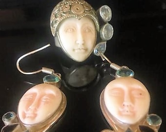 Exotic Jewelry, 3 Piece Set, Custom Jewelry, Ring and Earrings, Exotic Faces, 925 Silver Jewelry,  Far East Jewelry, Jewelry from the East