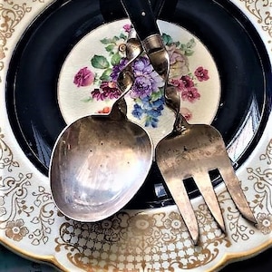 Thai Serving Set, Antique Utensils, Brass Serving Set, Salad Server Set, Made in Thailand, Twisted Neck Utensil, Fork and Spoon,