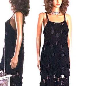 Free People Black Crochet Dress with Matching Black Slip Size: Medium image 7