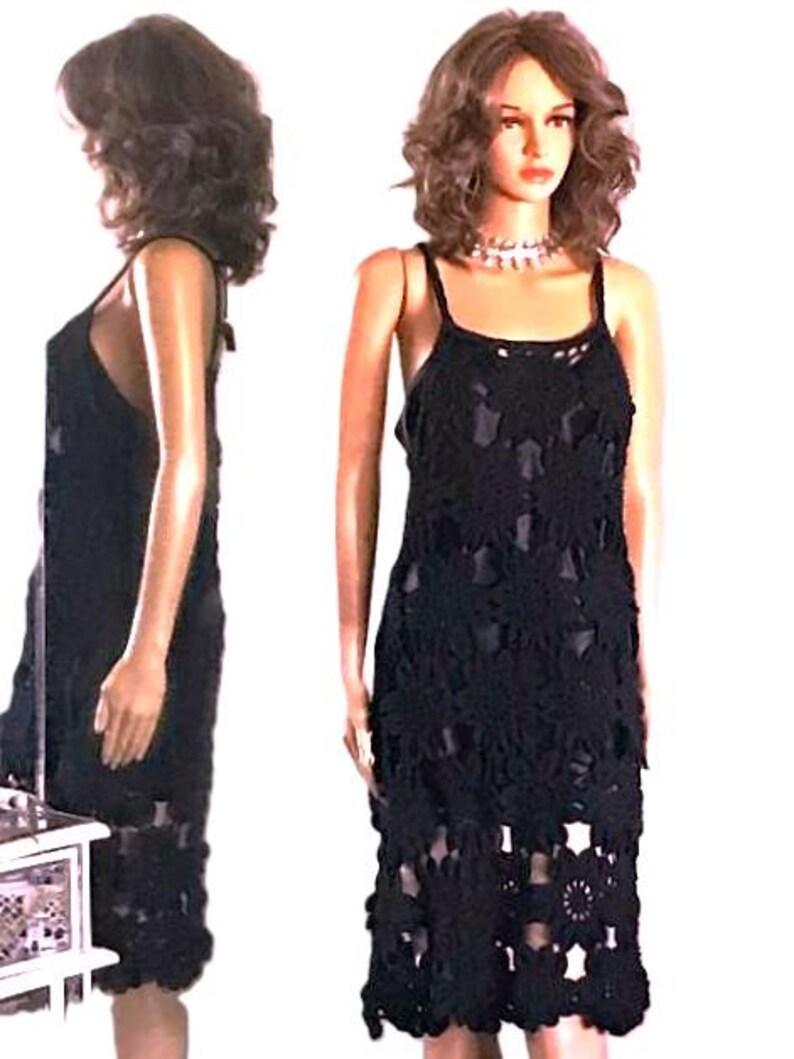 Free People Black Crochet Dress with Matching Black Slip Size: Medium image 7