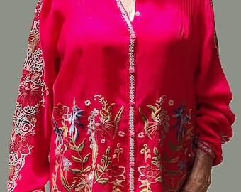 Johnny Was Red Embroidered Blouse: Stunning  Floral Design Size XL