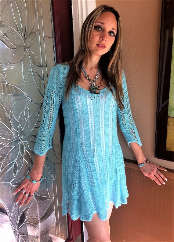 Turquoise Knit Dress, Hand Knit Dress, Light Blue… - image 5