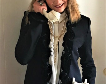 Black Knit Coat: Velvet Trim Structured Shoulders  Size Medium