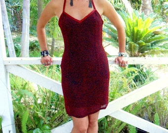 Beaded Red Cocktail Dress  Party Dress, Della Roufogali Design Called Nightline  Low Back Dress  Red  Hand Beaded Dress with Straps