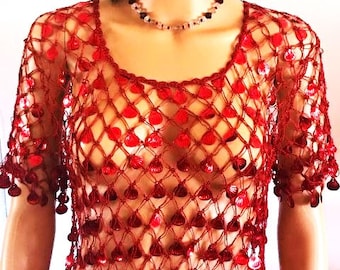 Red Mesh Top with Red Sequins Trendy  Artistic High Fashion Super Cute