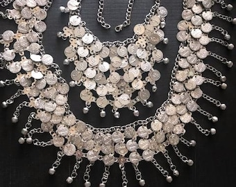 Belly Dance Coin Necklace-Belt Set: Silver Plated Boho Body Jewelry